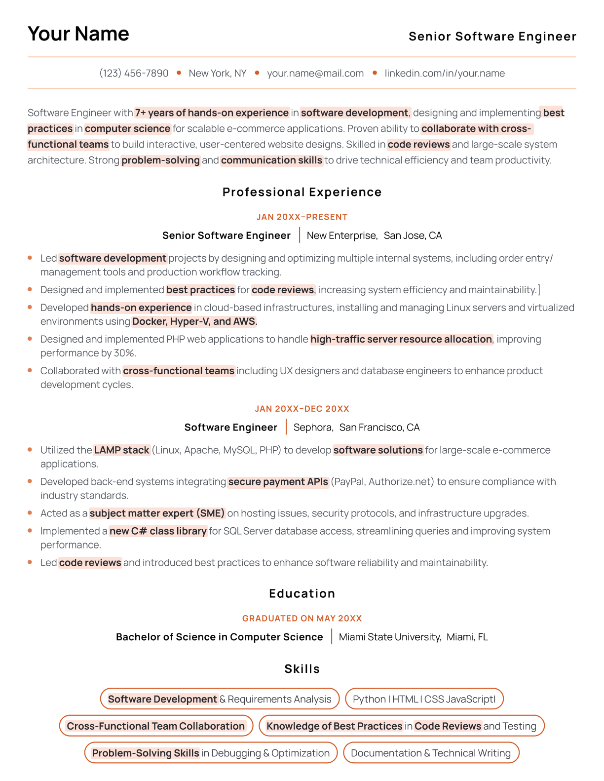 Example of a resume with keywords highlighted