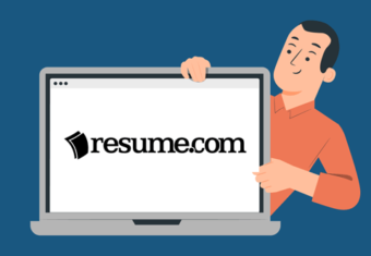 an image of a man holding a laptop showing the resume.com page