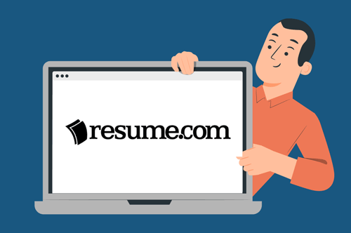 an image of a man holding a laptop showing the resume.com page