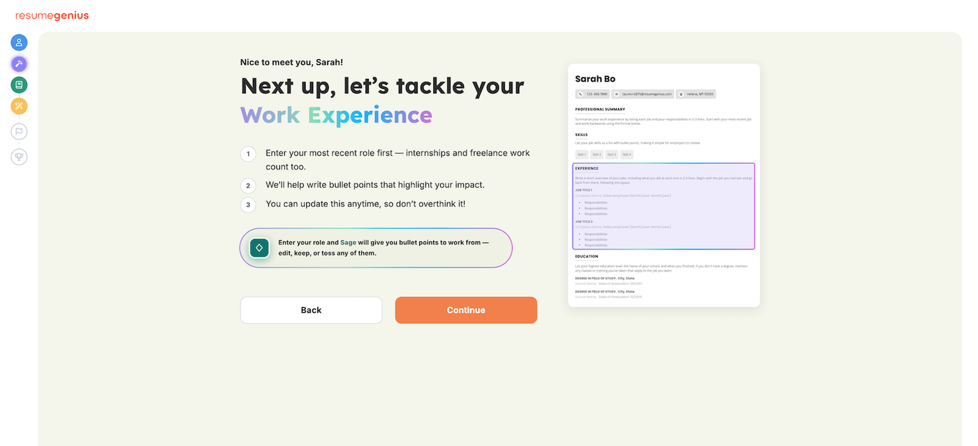 A screenshot of the Resume Genius resume builder.