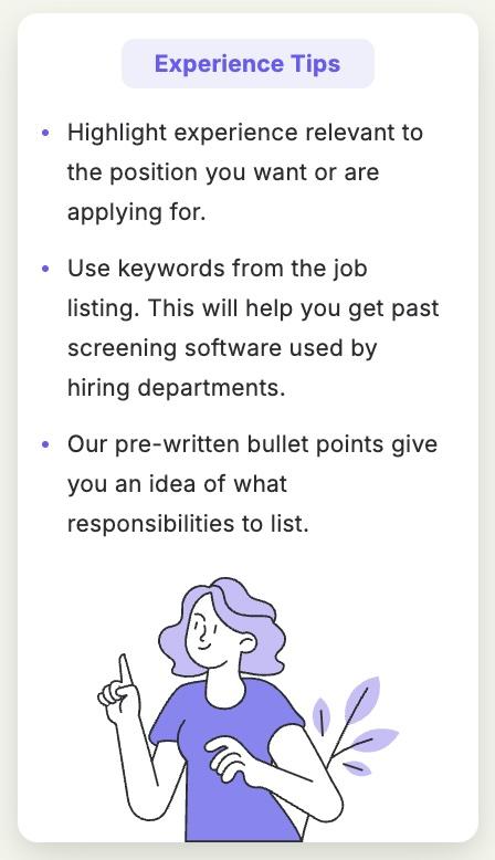 A screenshot of the Resume Genius resume builder showing tips for filling out your work experience section.