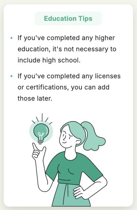 A screenshot of the Resume Genius resume builder showing tips for filling out your work education section.