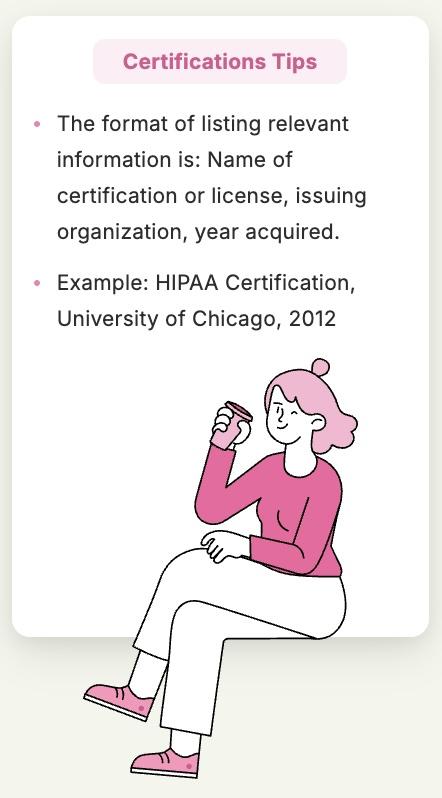 A screenshot of the Resume Genius resume builder showing tips for filling out your work certifications section.