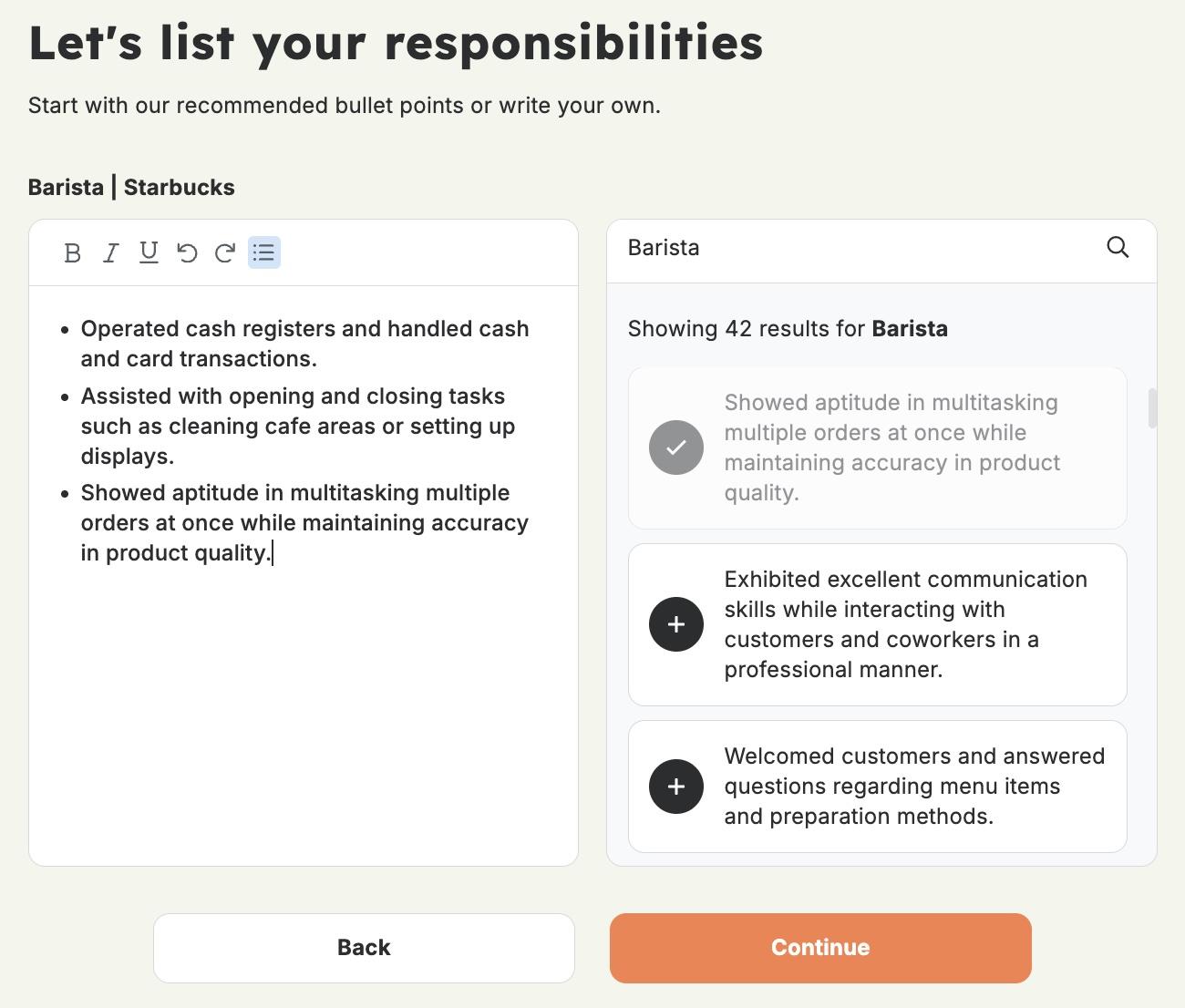 A screenshot of the Resume Genius resume builder showing bullet points generated for the job title &quot;barista.&quot;