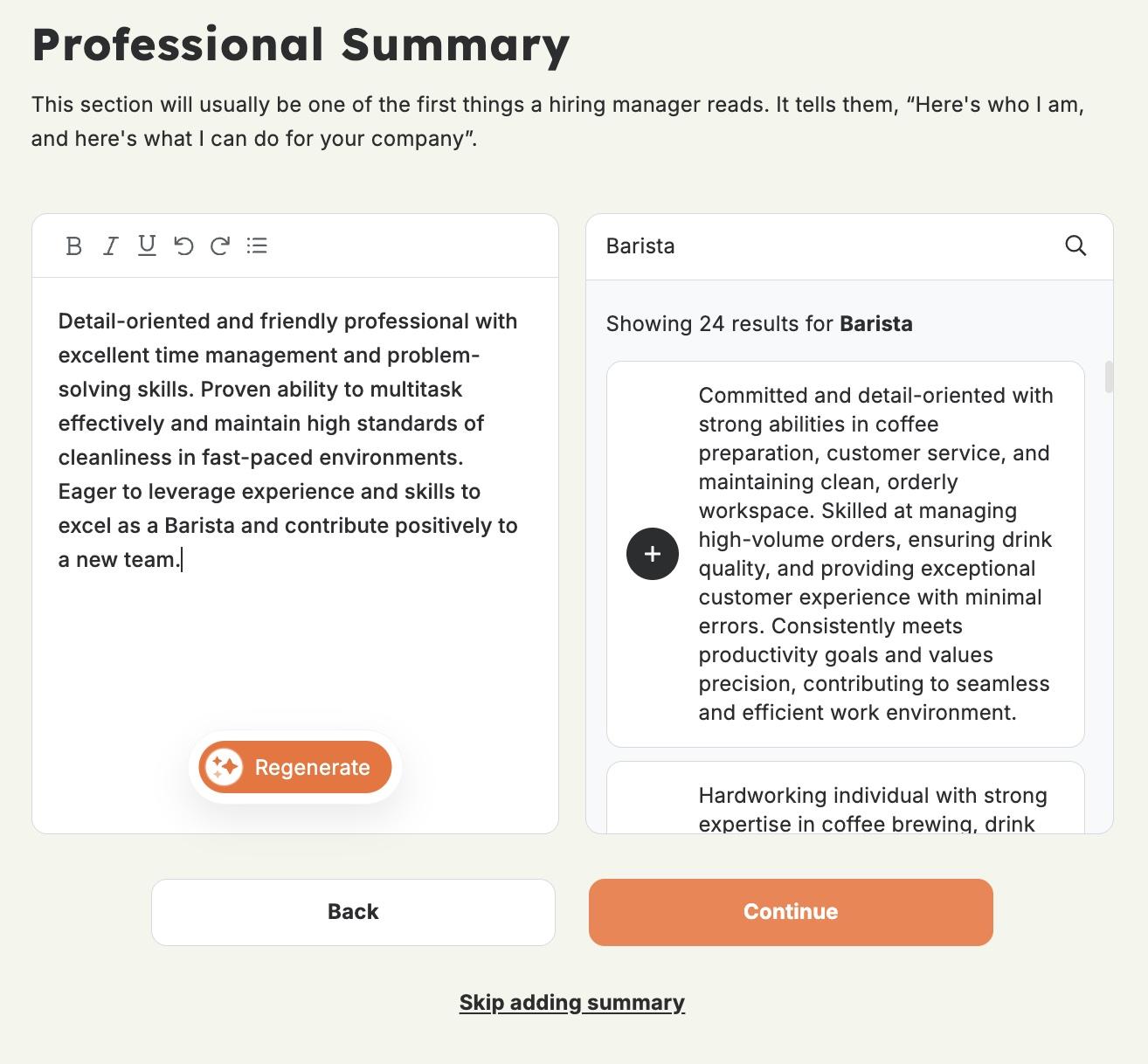 A screenshot of the Resume Genius resume generator showing the AI resume summary generator.