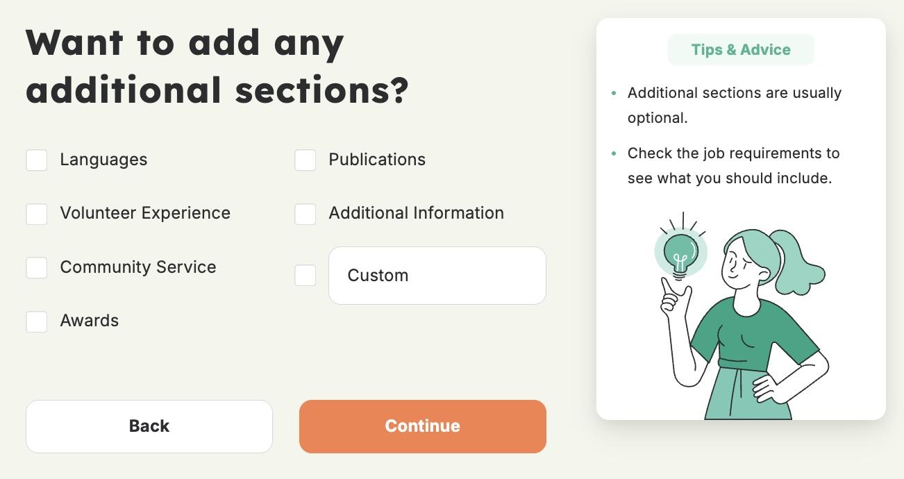 A screenshot of the Resume Genius resume builder showing additional sections to add to the user&#039;s resume.