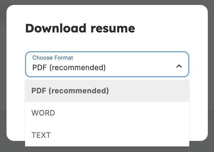 A screenshot of the Resume Genius resume builder showing the option to download your resume as a text file.