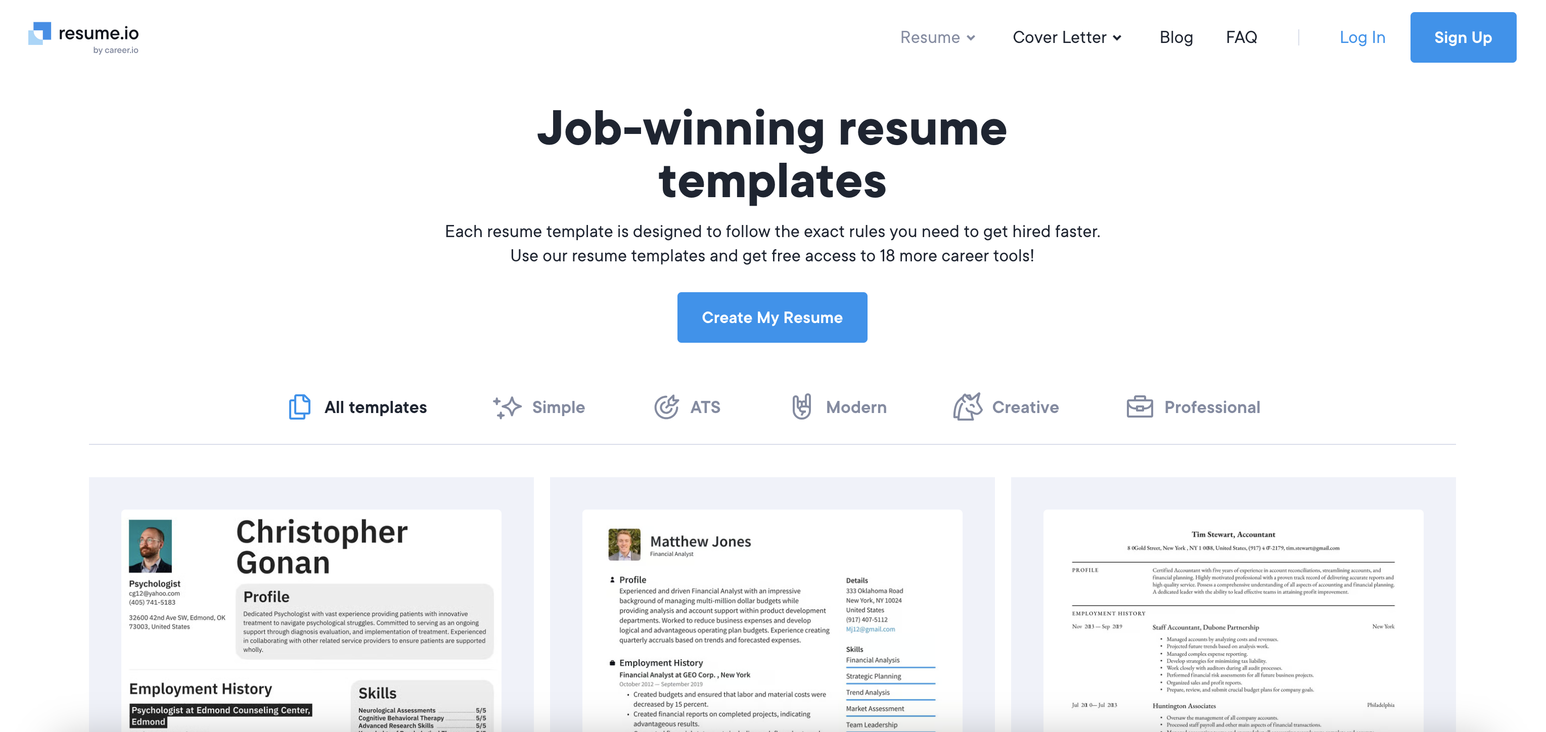 A screenshot from the Resume.io resume builder.