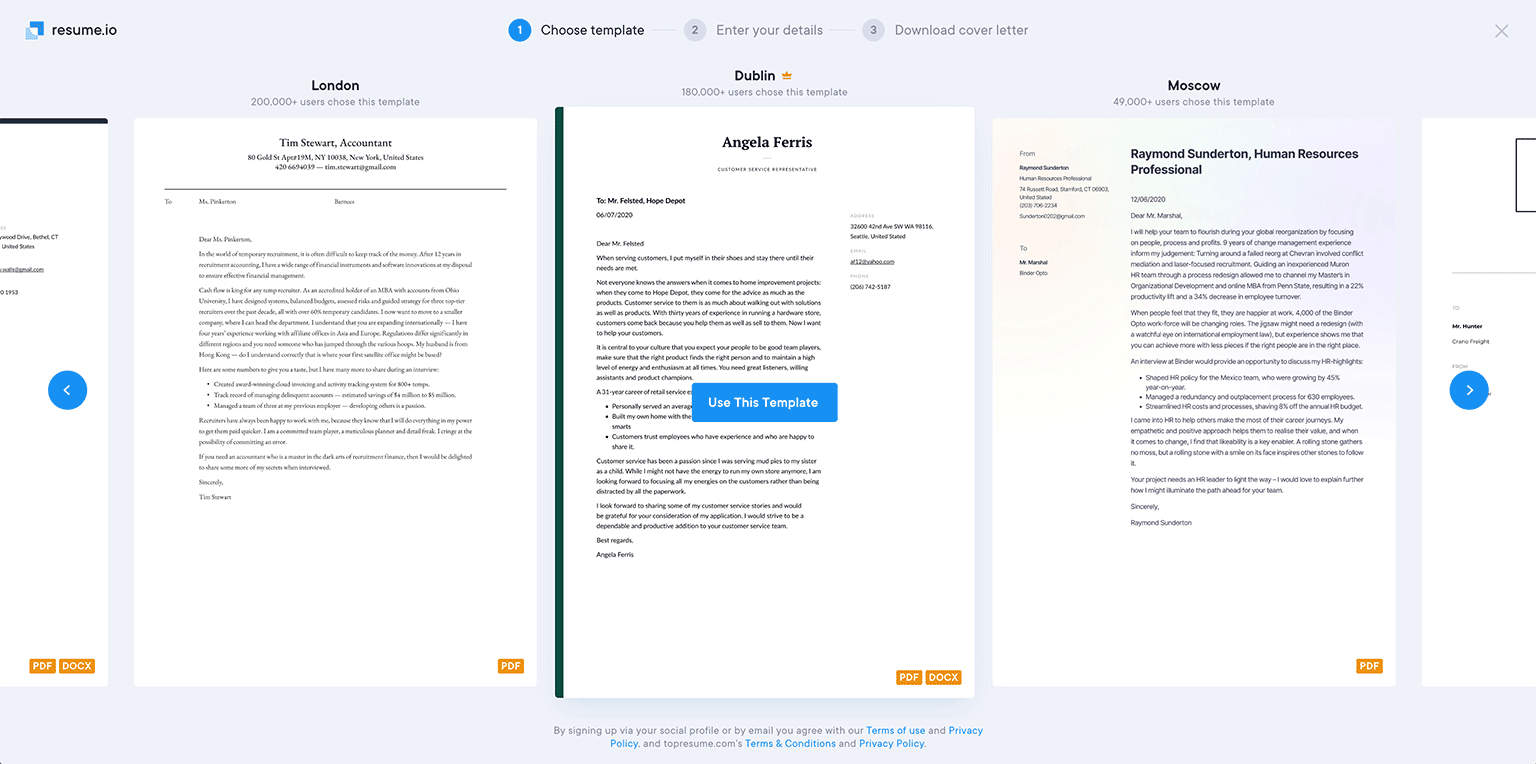 A screenshot showing the resumeio cover letter builder landing page