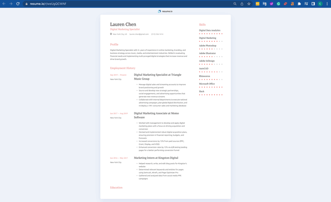 A view of what it looks like to share your resume via a link for our Resume.io review.