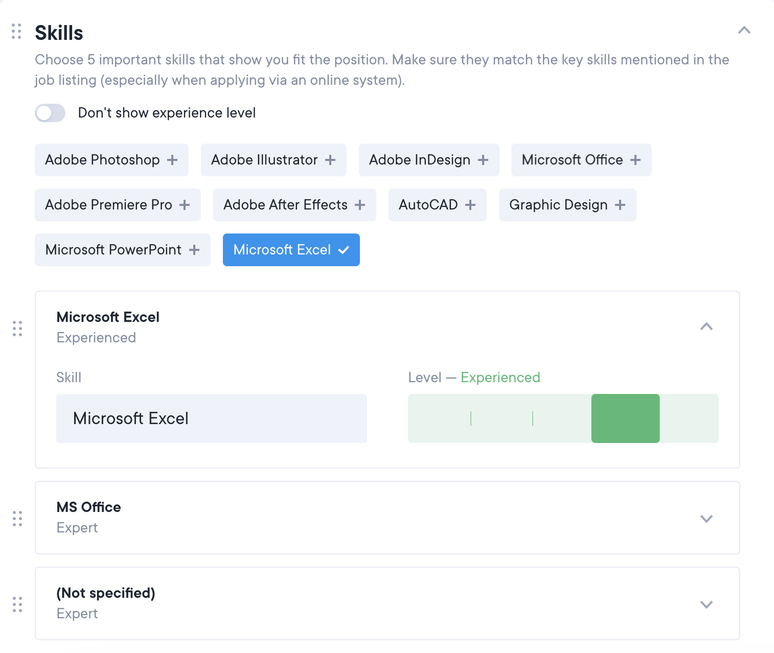 Example of the skill levels available in the builder for our Resume.io review.