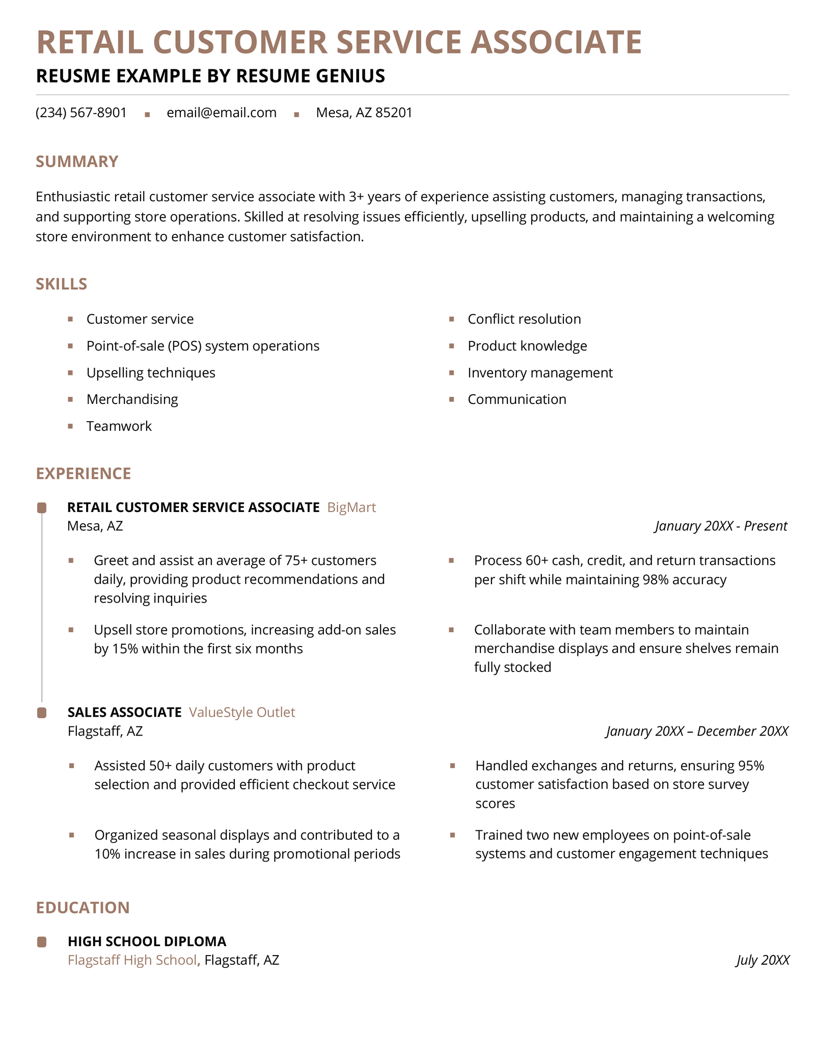 A retail customer service associate resume example.