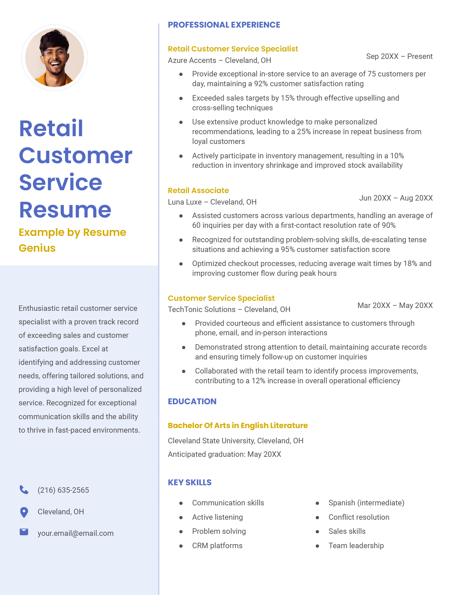 An example resume for a retail customer service representative. 