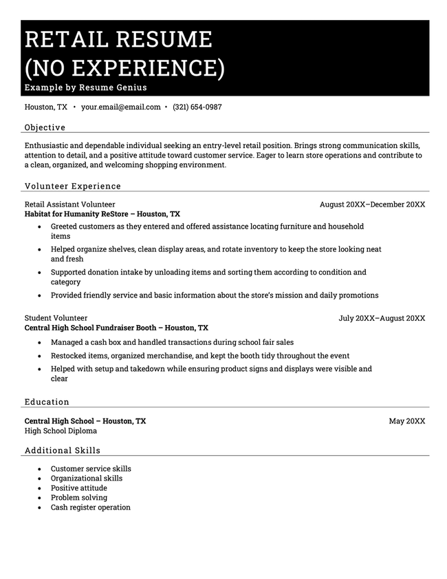 An example resume for a retail job by a candidate with no previous work experience.