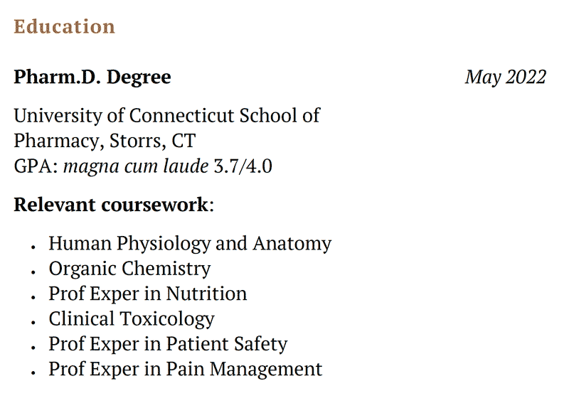 An example of a retail pharmacist resume education section with their GPA details and relevant coursework displayed underneath their university information
