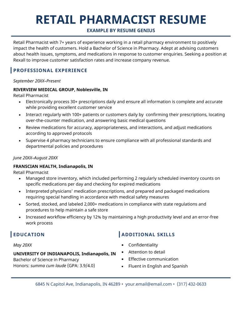 Retail Pharmacist Resume - Example & Tips (Free Download)