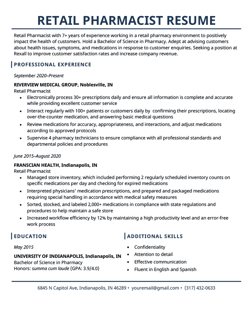 A retail pharmacist resume example with dark blue header text to make the applicant's name stand out