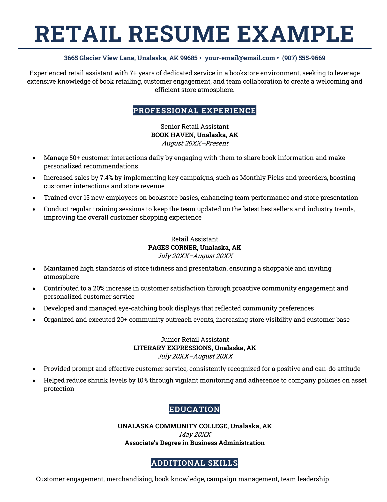 A retail resume example in a navy blue color scheme with sections demarcated by solid blocks of color.