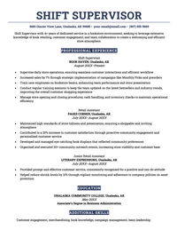 A retail resume example in a navy blue color scheme with sections demarcated by solid blocks of color.