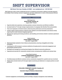 A retail resume example in a navy blue color scheme with sections demarcated by solid blocks of color.