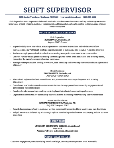 A retail resume example in a navy blue color scheme with sections demarcated by solid blocks of color.