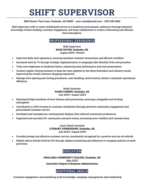 A retail resume example in a navy blue color scheme with sections demarcated by solid blocks of color.