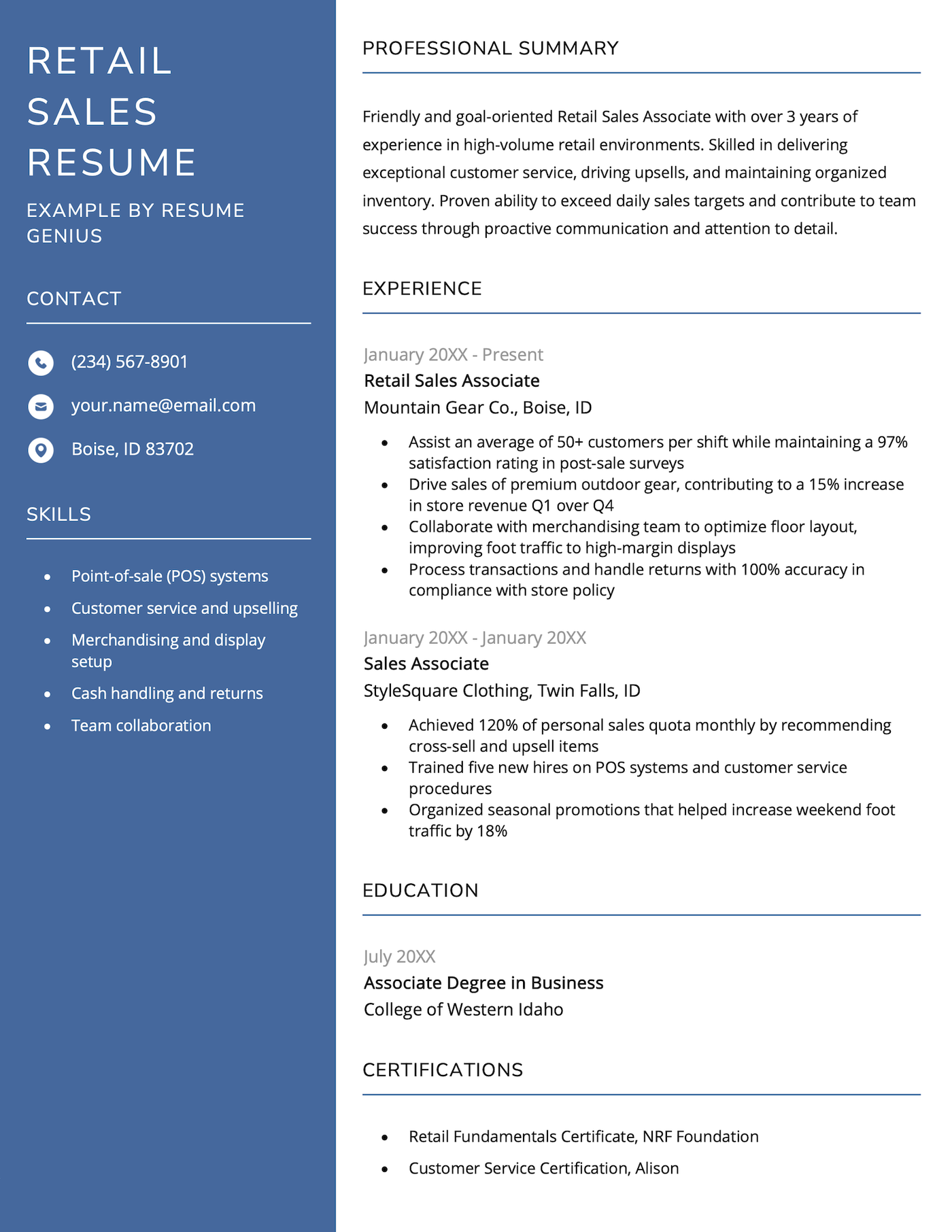 A retail sales resume example.