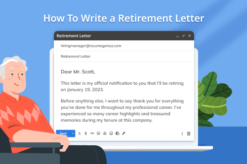A senior employee is sitting down and looking at the retirement letter sample in an email version as it's displayed at the center of the image