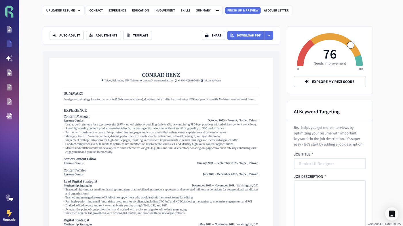 Preview of the Rezi AI resume builder