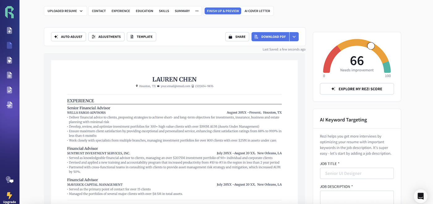 A screenshot of the Rezi online resume builder.