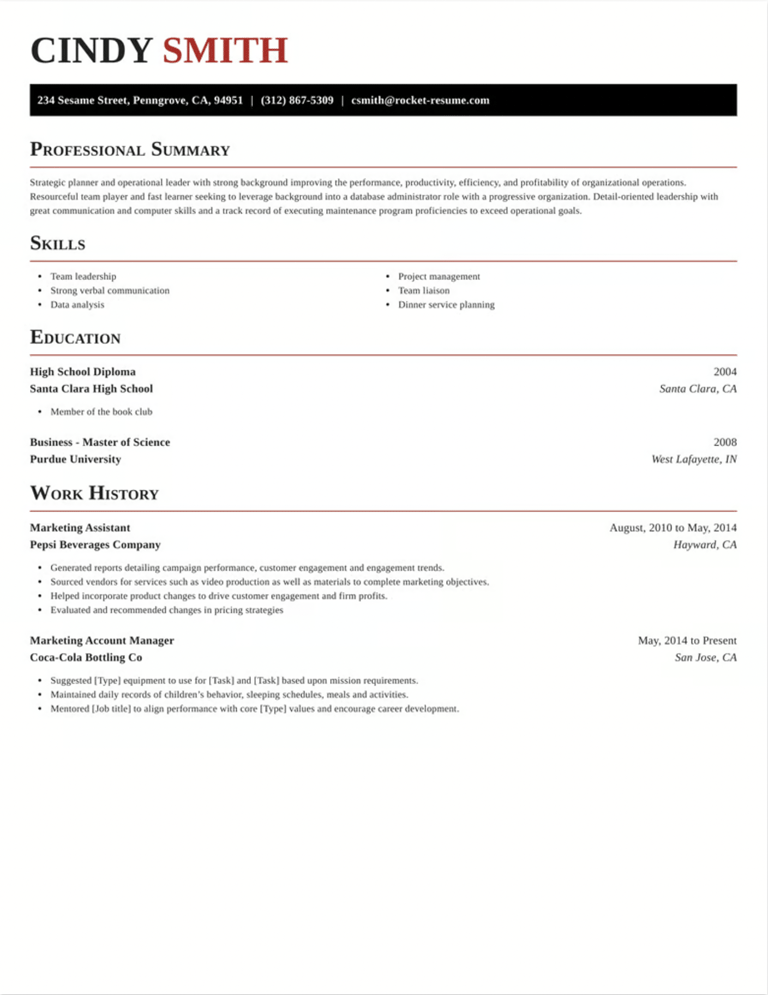 One of Rocket Resume's recommended templates with the candidate's last name highlighted in red.