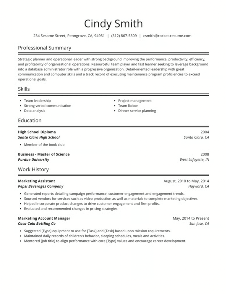 One of Rocket Resume's traditional black-and-white templates.