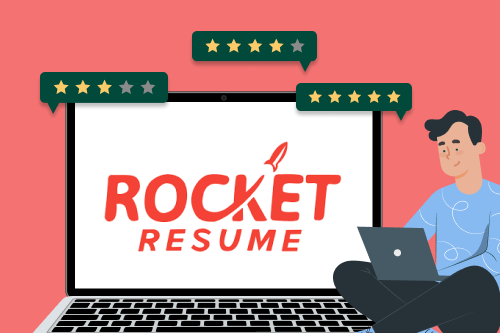 A man sitting next to a laptop with "Rocket Resume" written on the screen.