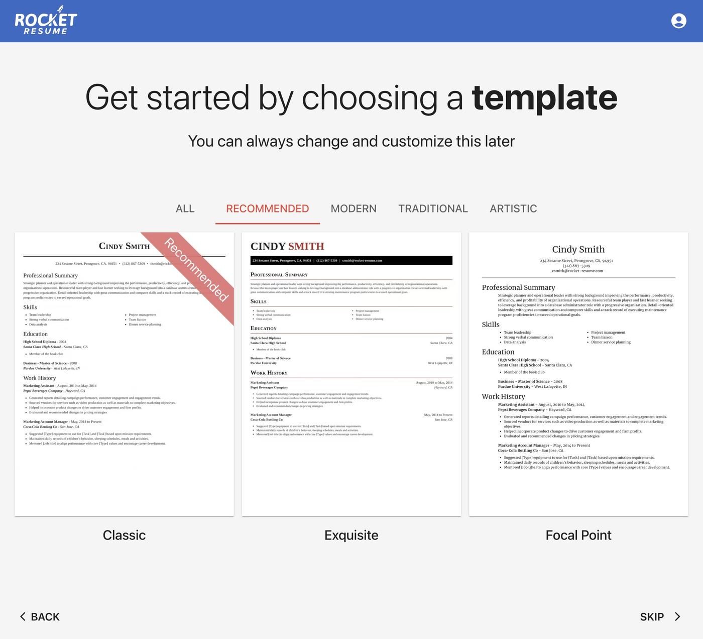 A screenshot of Rocket Resume&#039;s resume builder showing it asking the user to choose a resume template.