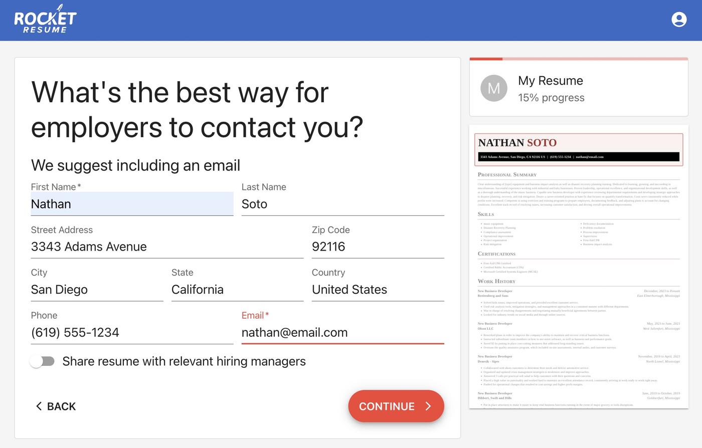 A screenshot from Rocket Resume&#039;s resume builder showing the contact info screen.