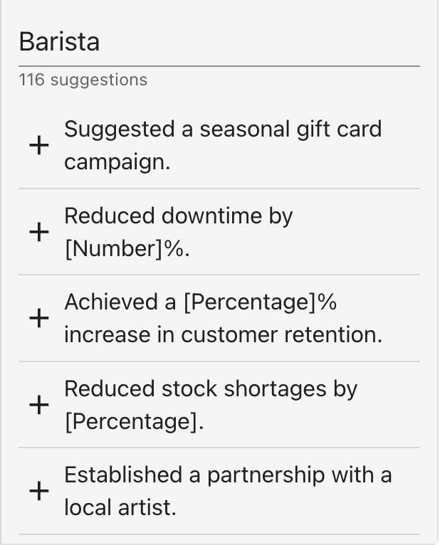 A screenshot from Rocket Resume&#039;s resume builder showing its bullet point suggestions for a barista.