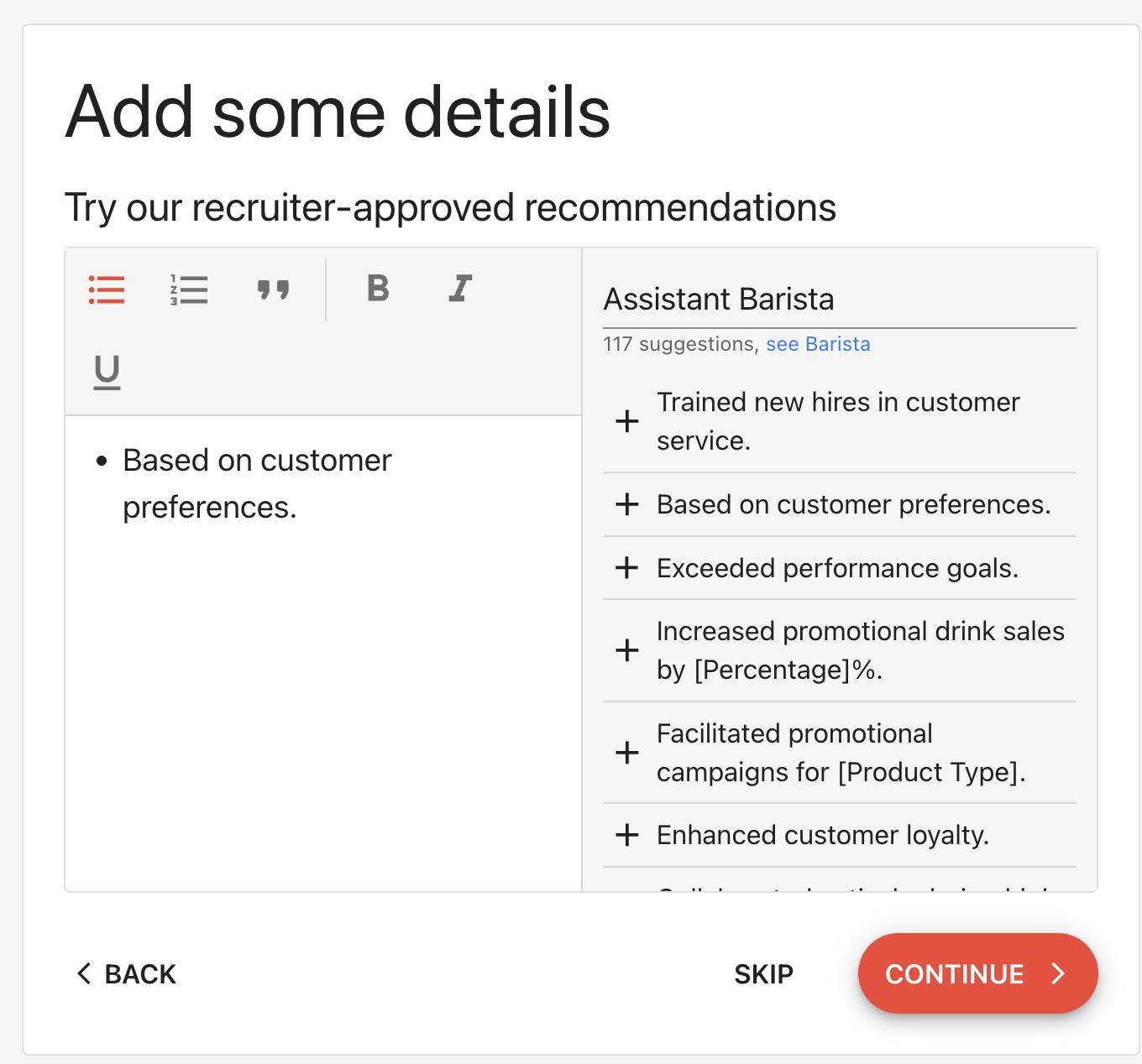 A screenshot of Rocket Resume&#039;s resume builder showing a less-than-ideal bullet point suggestion.