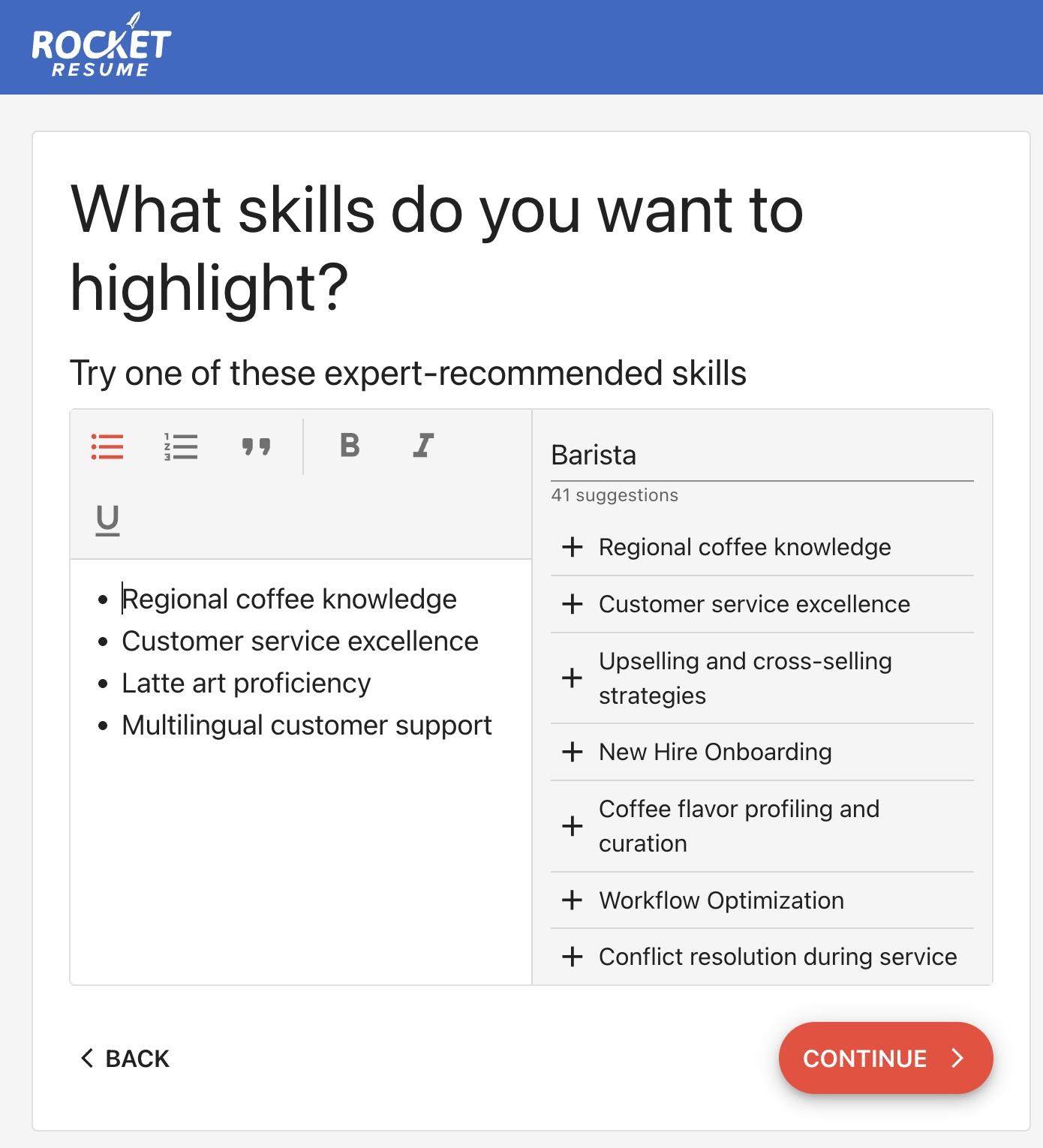 A screenshot from Rocket Resume&#039;s resume builder showing skills suggestions.