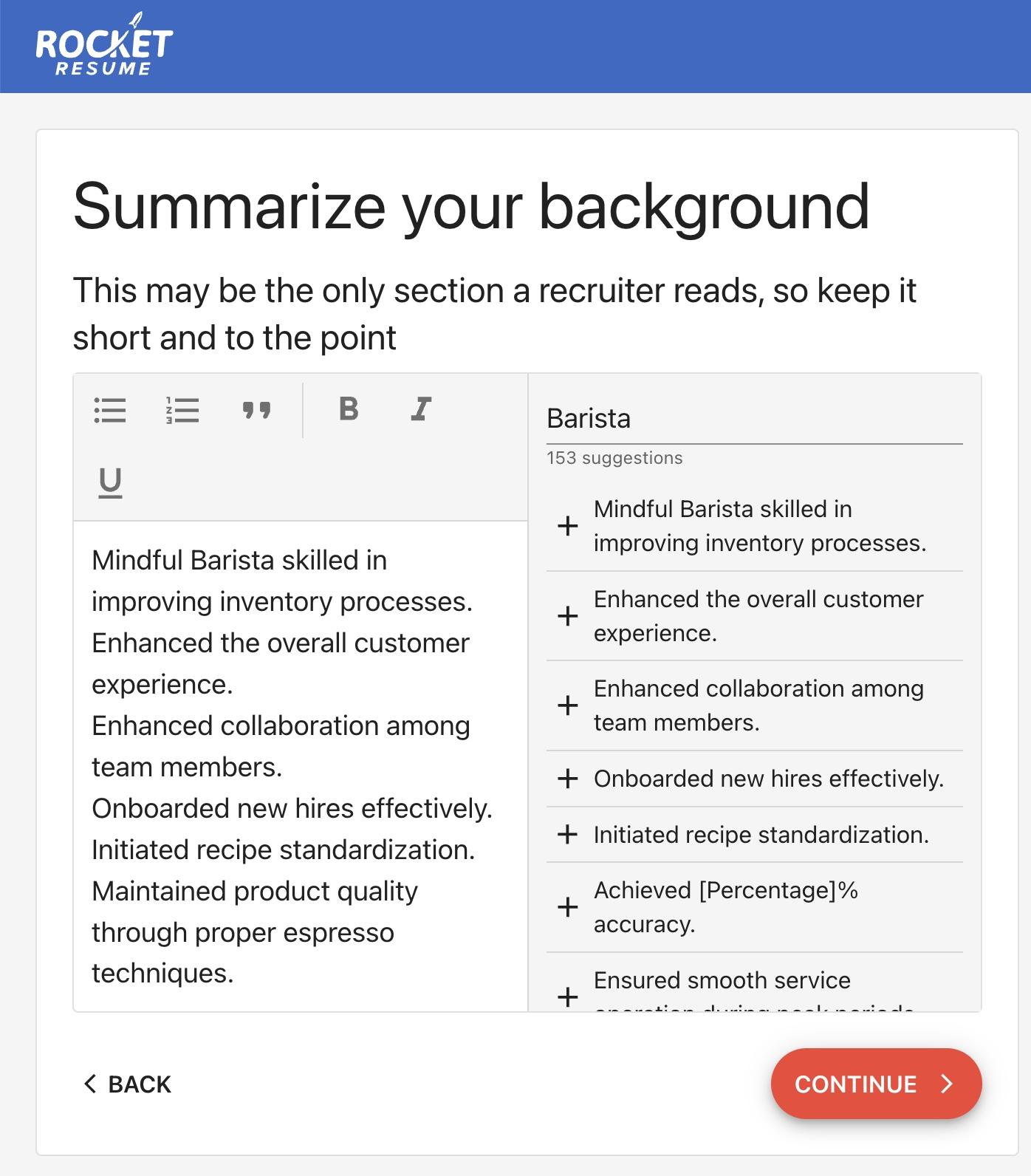A screenshot from Rocket Resume's resume builder showing the resume summary suggestions it gives the user.