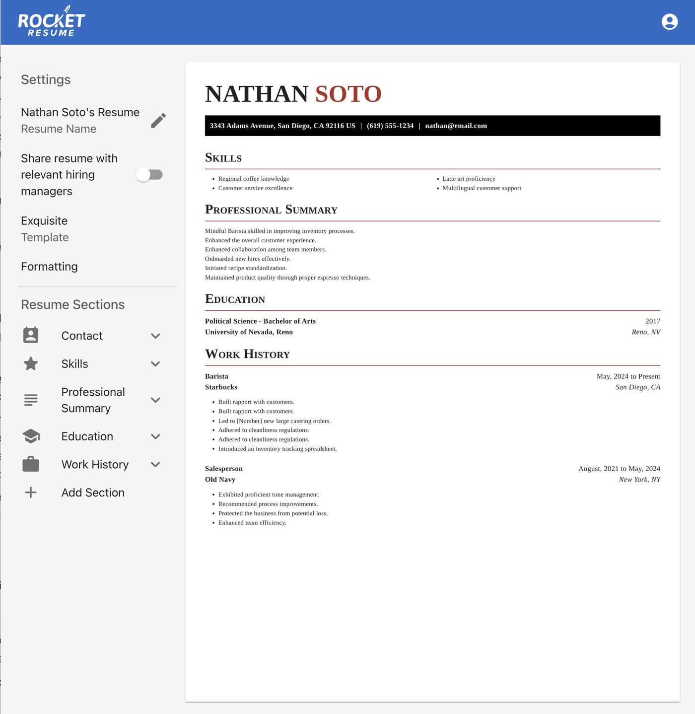 A screenshot from Rocket Resume&#039;s resume builder showing their resume editor.