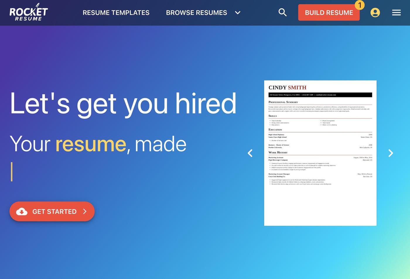 A screenshot of Rocket Resume's homepage showing a button that says "Resume Templates" in the top header of the page.