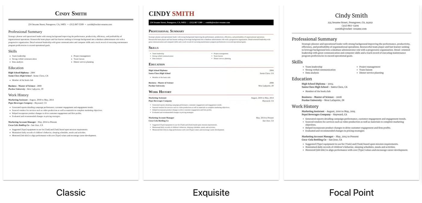 A screenshot of three of Rocket Resume&#039;s resume templates.