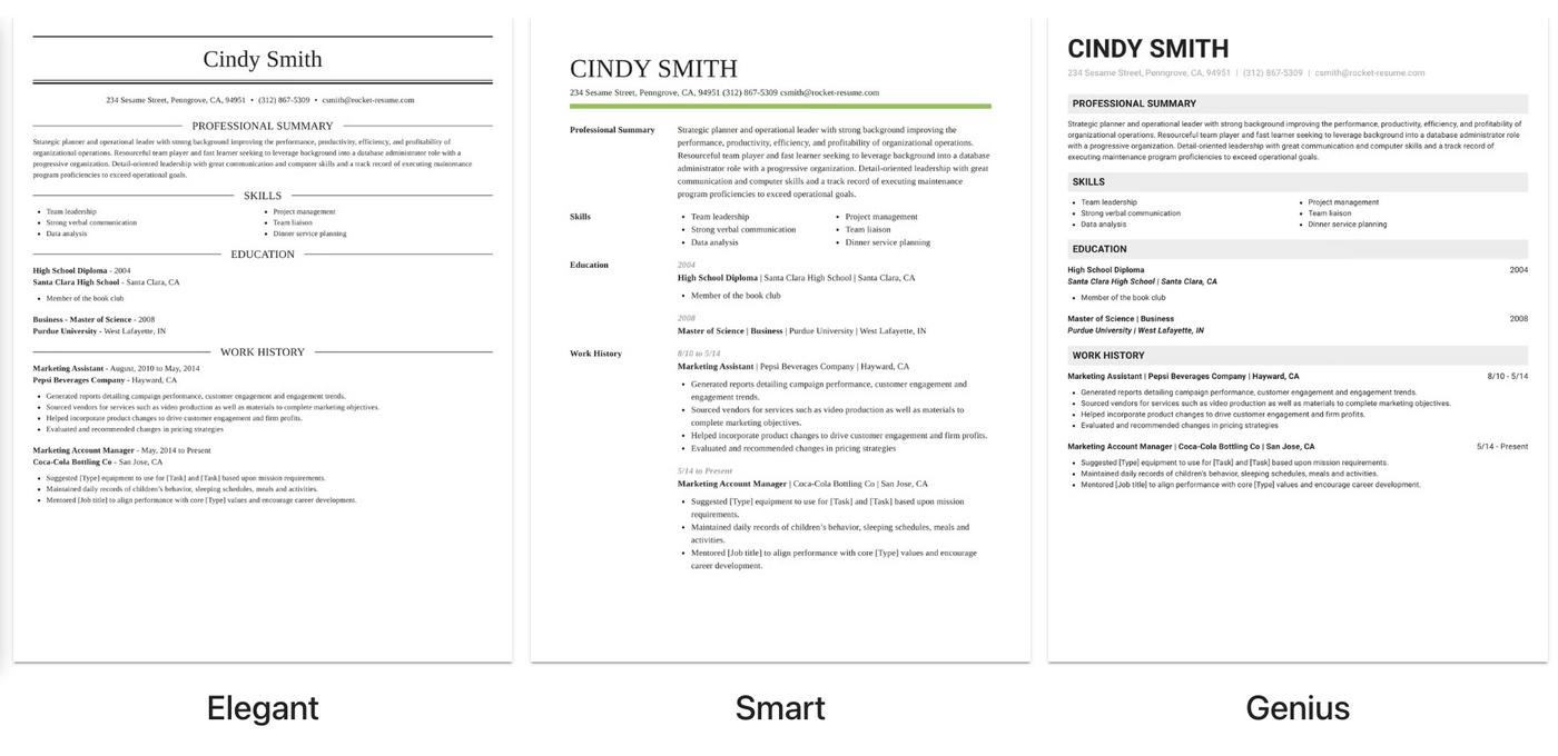 A screenshot of three of Rocket Resume&#039;s resume templates.