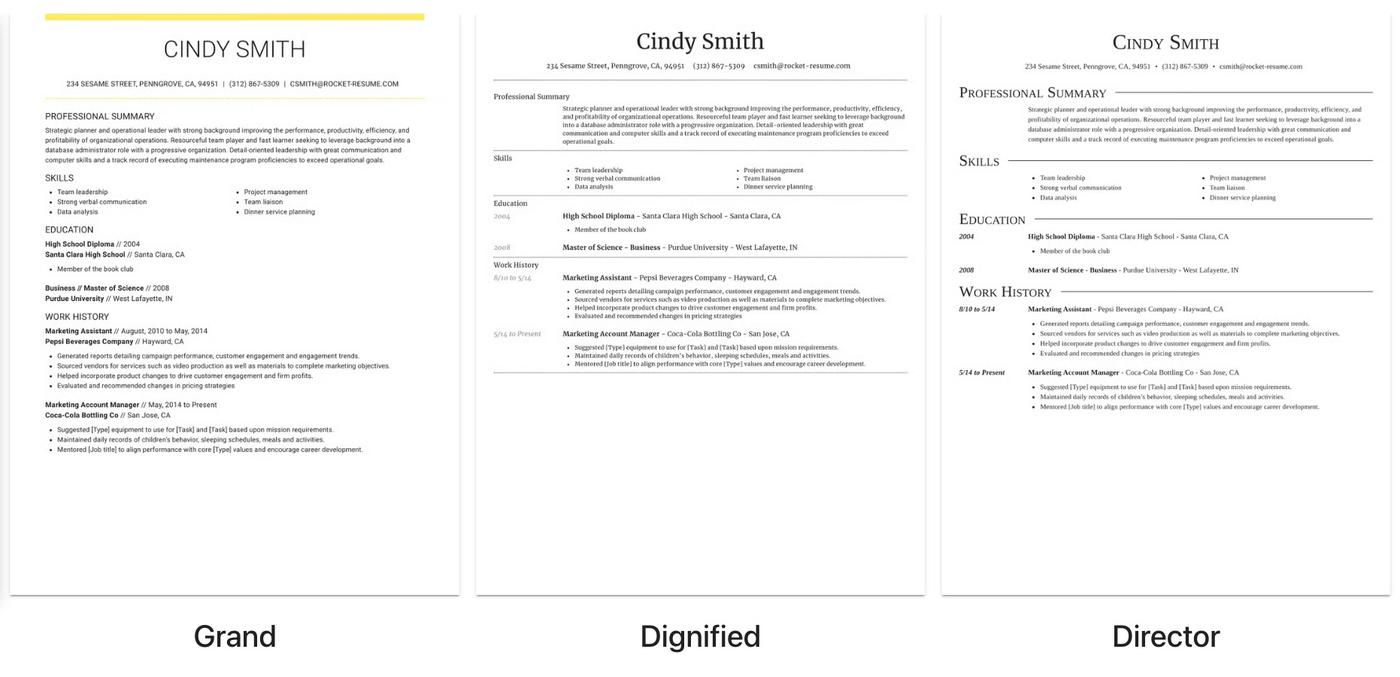 A screenshot of three of Rocket Resume&#039;s resume templates.