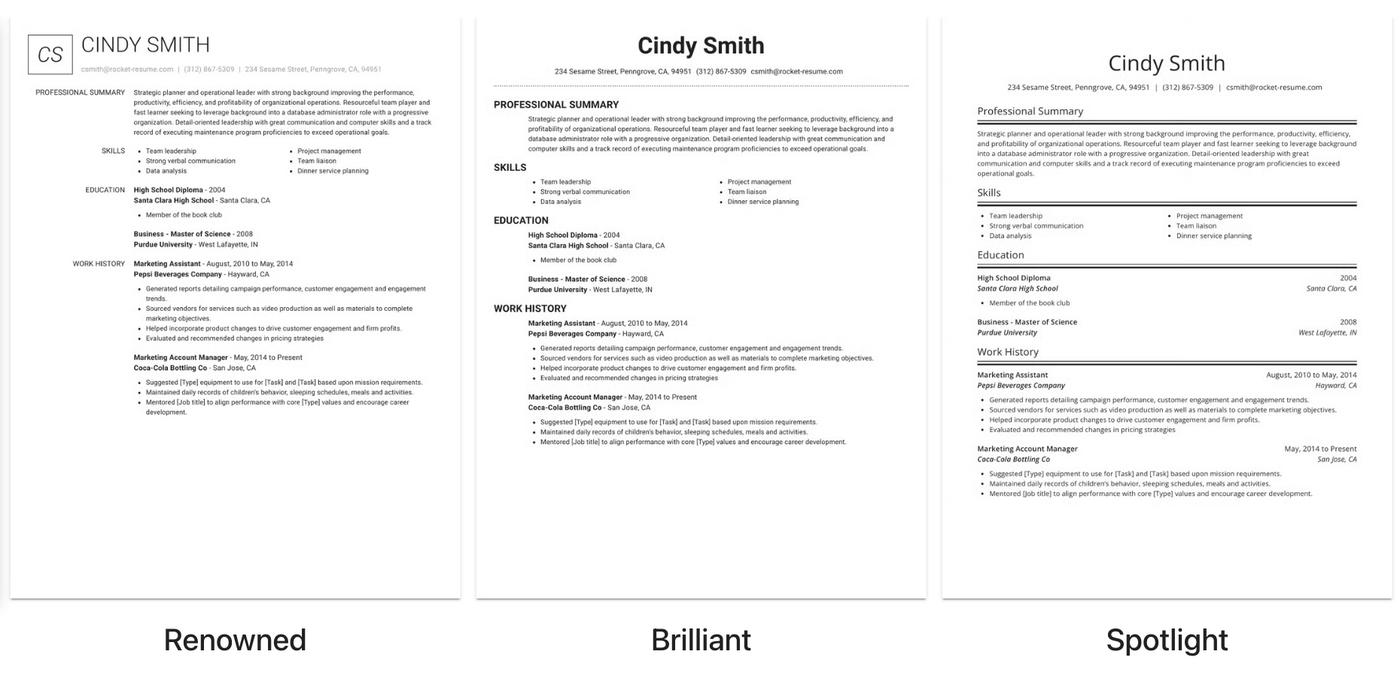 A screenshot of three of Rocket Resume&#039;s resume templates.