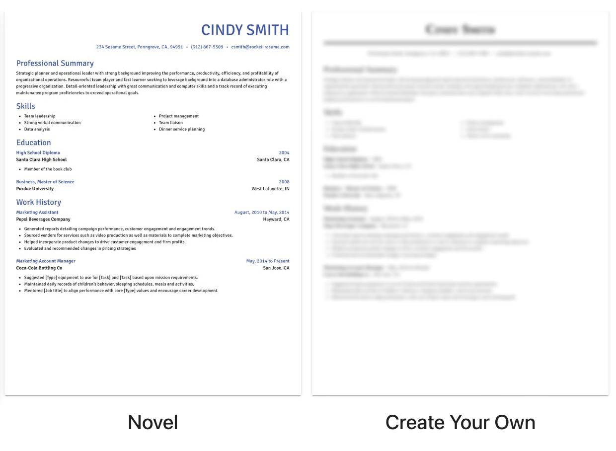 A screenshot two of Rocket Resume&#039;s resume template options.