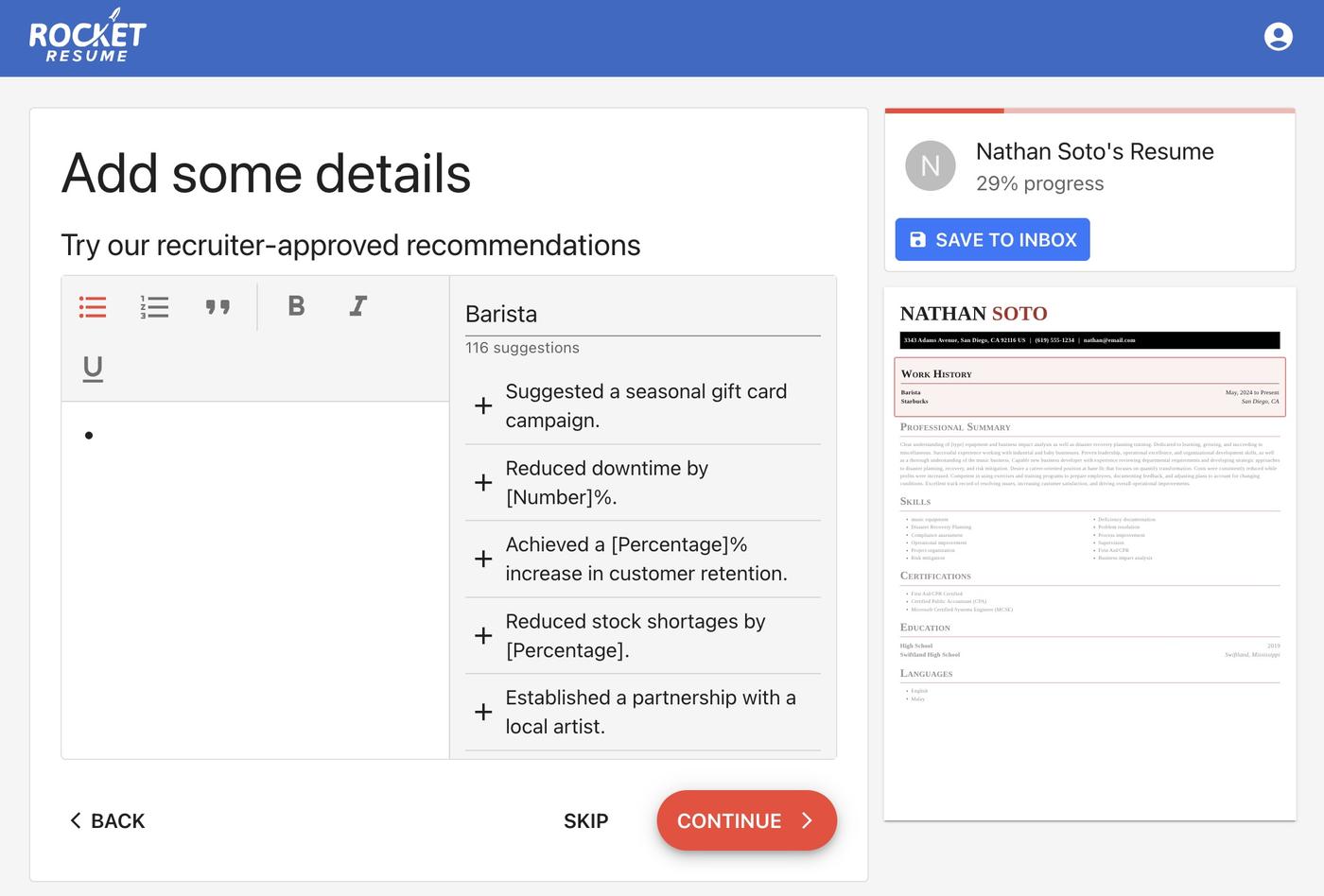 A screenshot of Rocket Resume&#039;s resume builder showing bullet points generated for the job title &quot;barista.&quot;