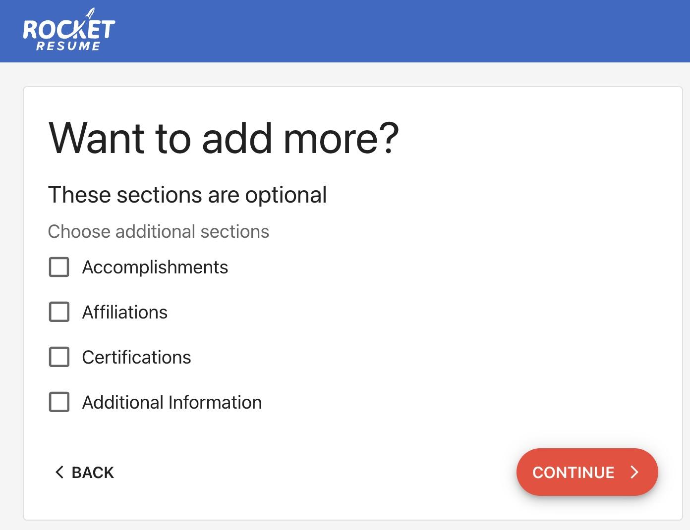 A screenshot of Rocket Resume&#039;s resume builder showing the additional sections it offers.
