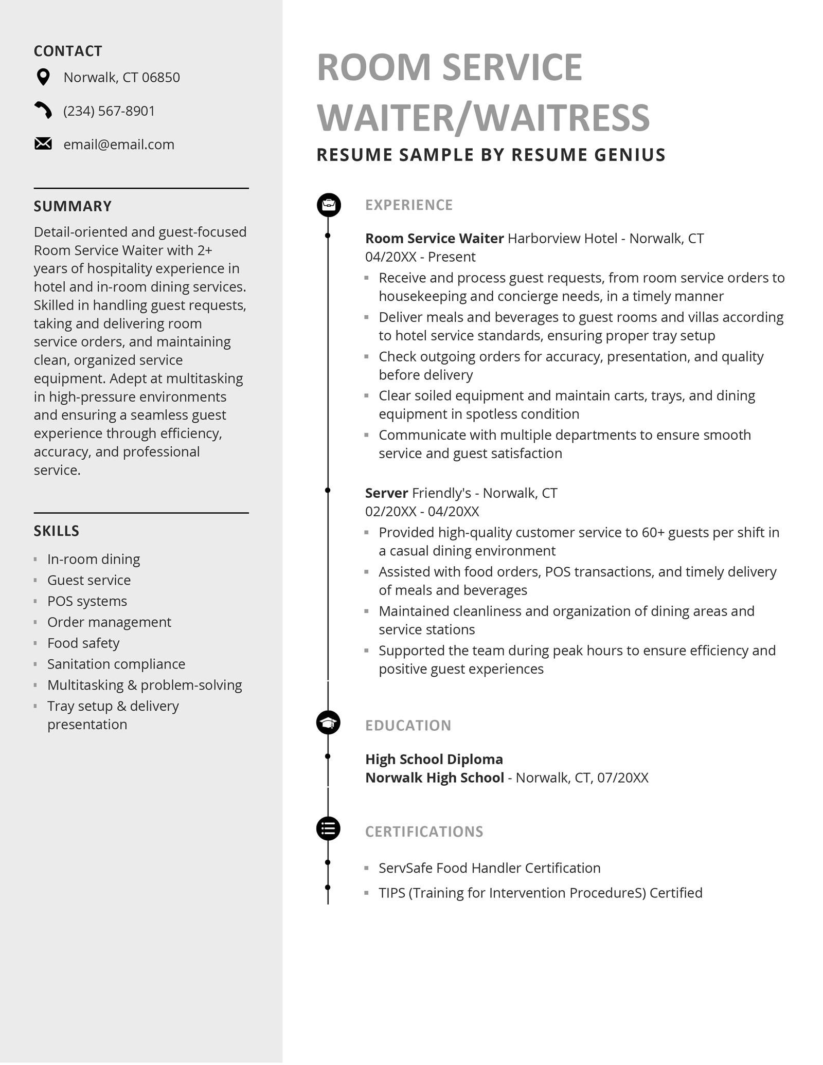 A room service waiter/waitress resume example.