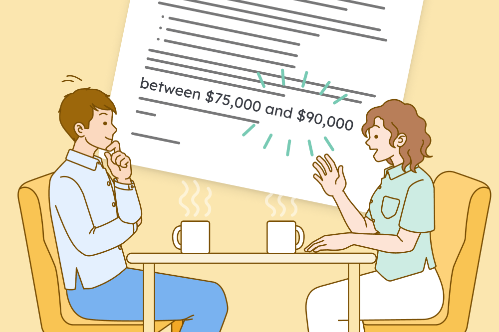 Illustration of two people discussing salary requirements in a cover letter